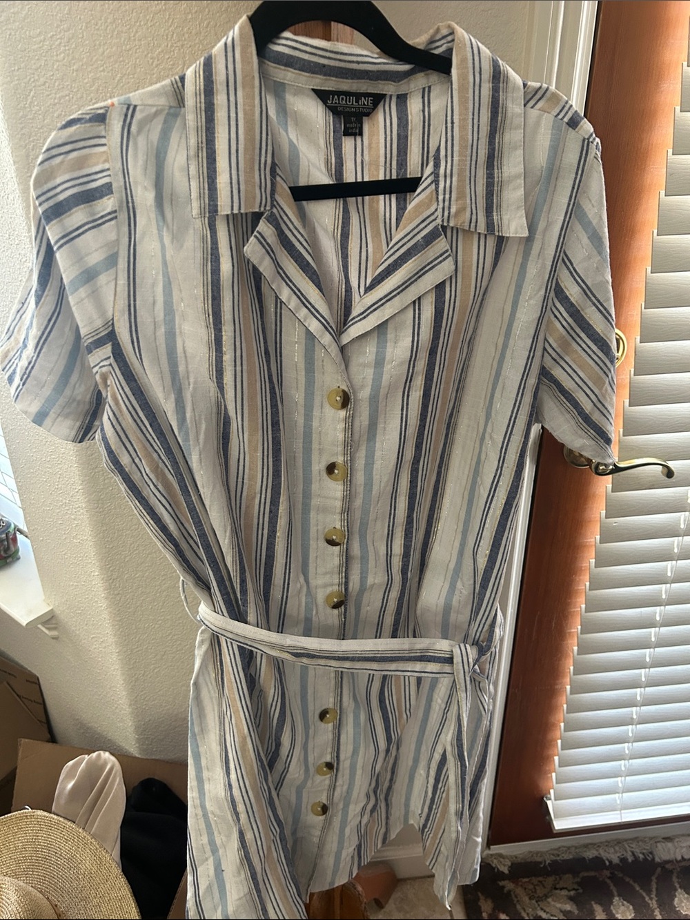 Blue and White Striped Midi Shirt Dress